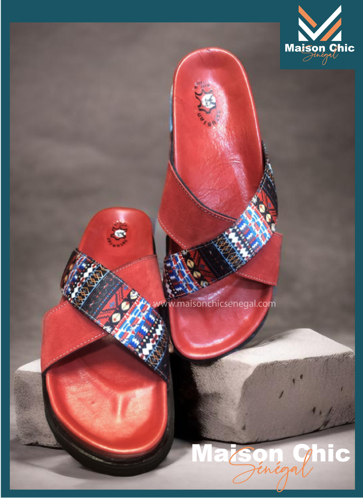 Chaussure homme très chic avec un design magnifique 100% cuire couleur rouge avec motif made in senegal réaliser par un artisan senegalais